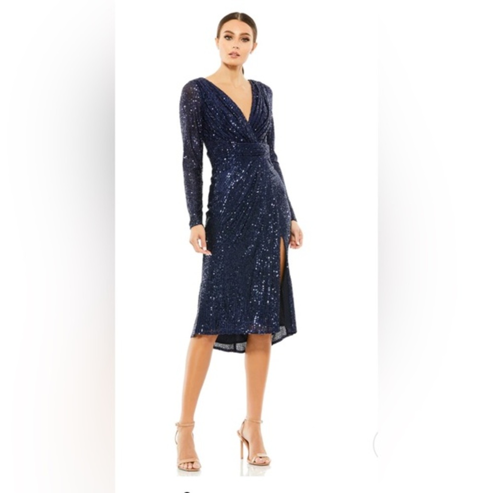 Mac Duggal Sequined long sleeve midi‎ dress prom formal midnight blue size 0